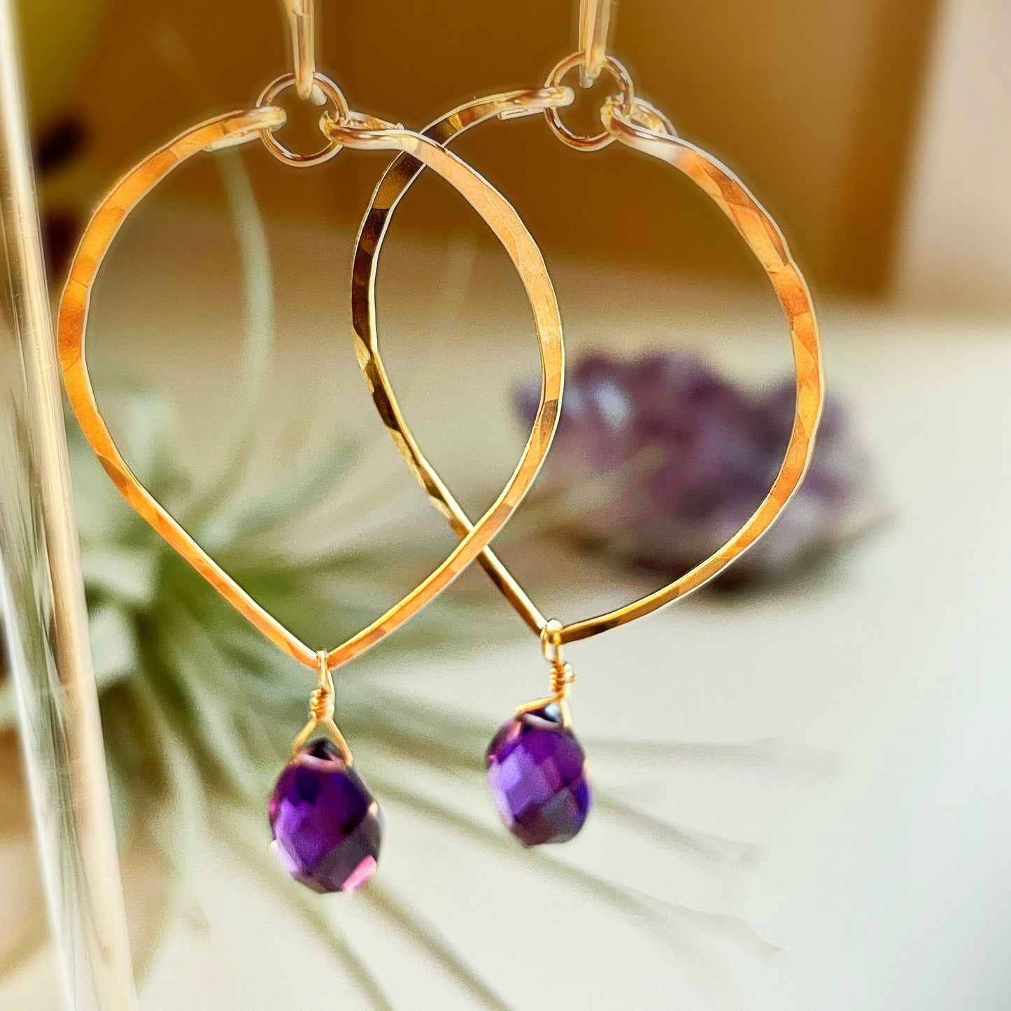Amethyst Leaf Hoops - Blue Sky Feathers
