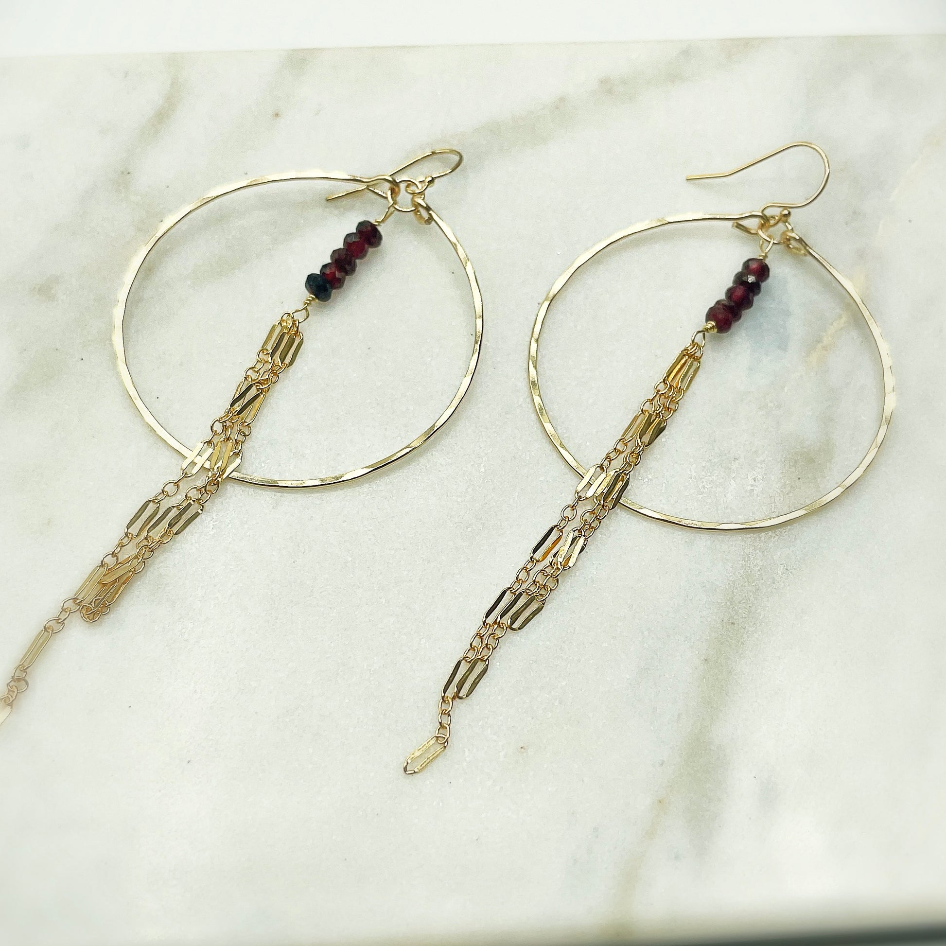 Red Garnet Sunrise Hoops - Blue Sky Feathers