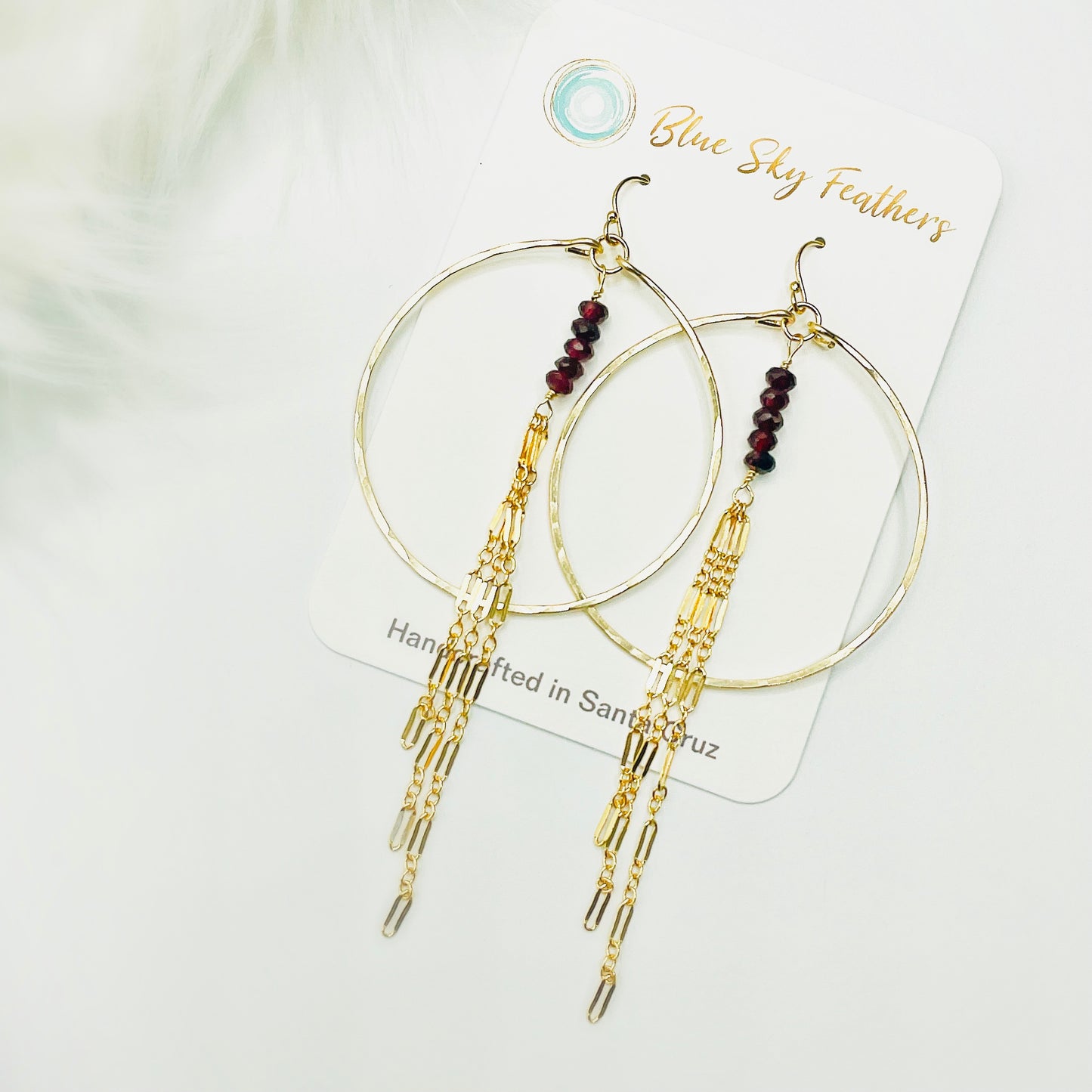 Red Garnet Sunrise Hoops - Blue Sky Feathers