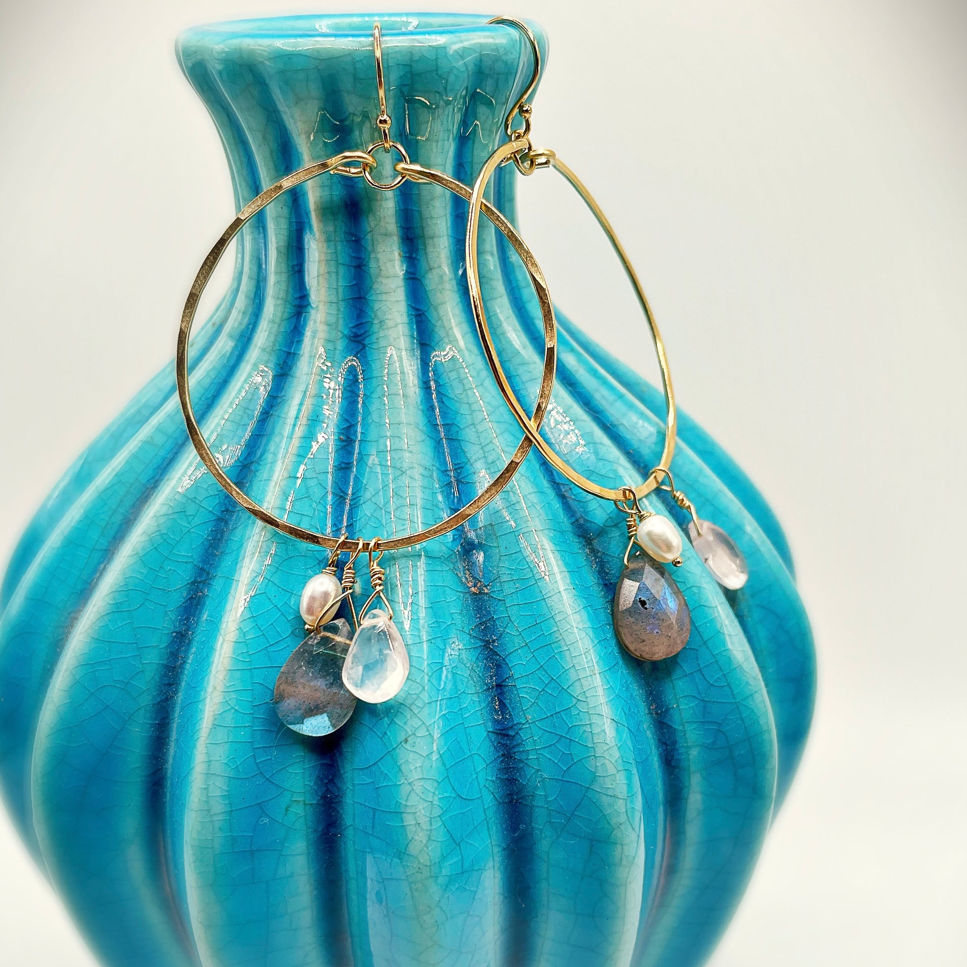 Labradorite Rose Quartz Hoops - Blue Sky Feathers