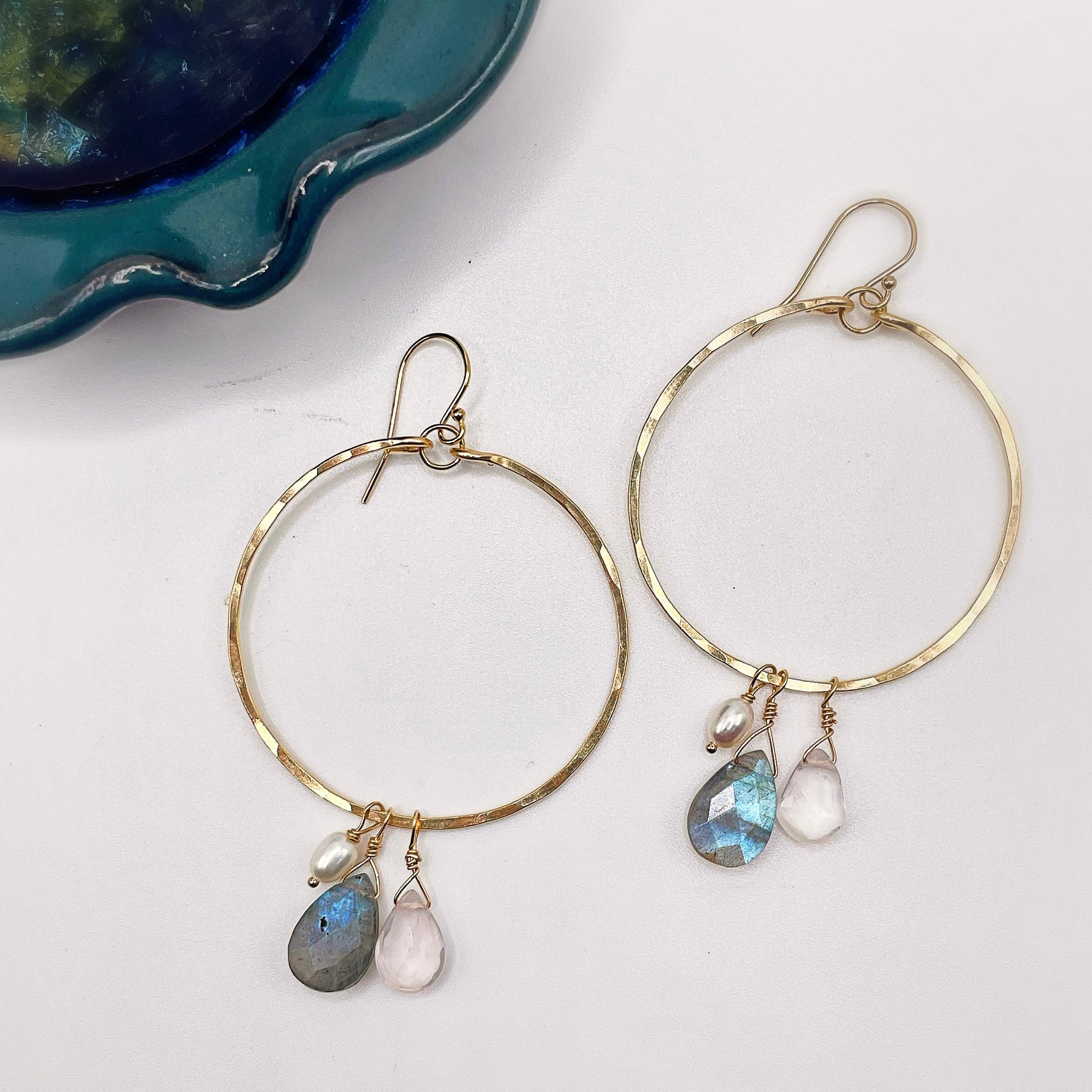 Labradorite Rose Quartz Hoops - Blue Sky Feathers