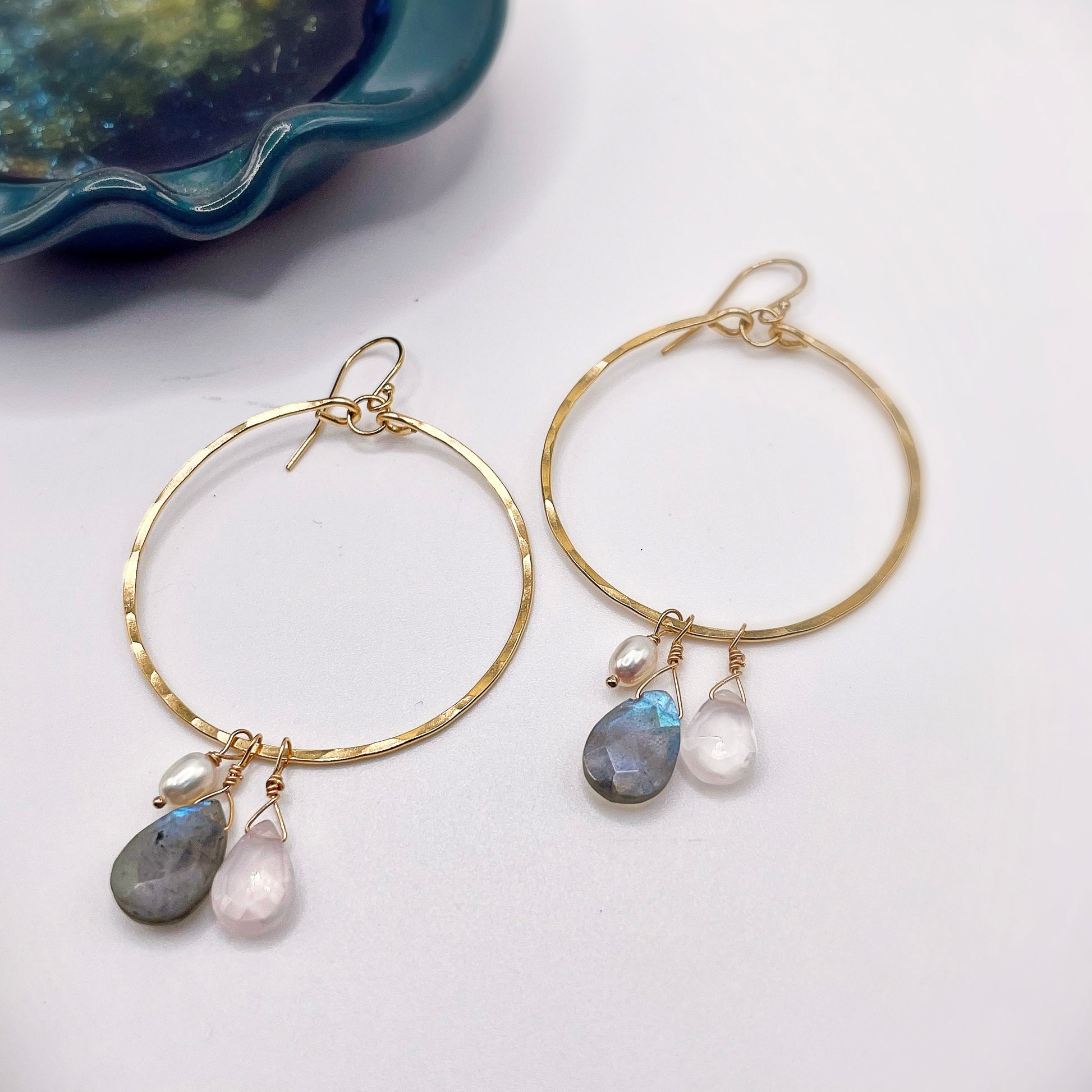 Labradorite Rose Quartz Hoops - Blue Sky Feathers