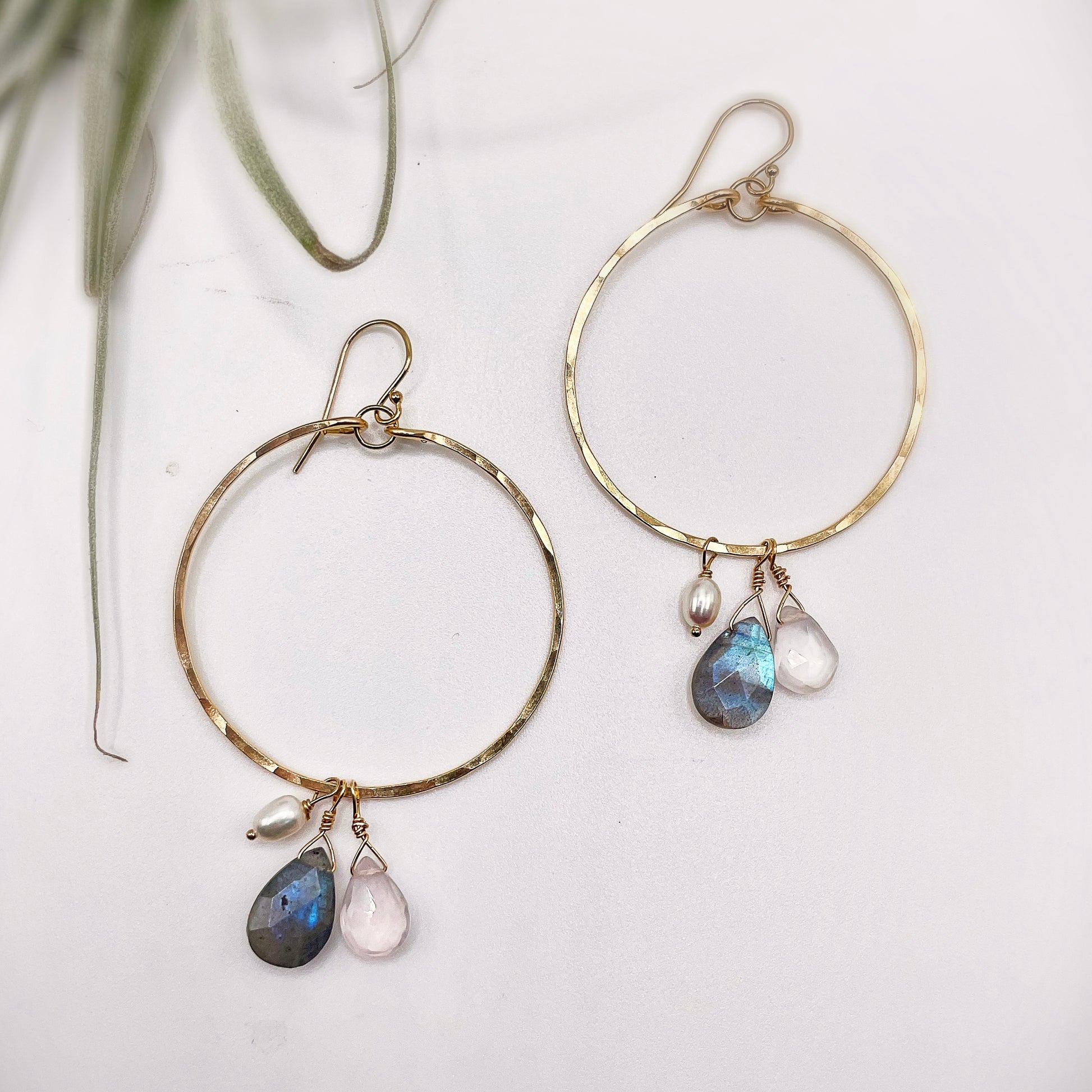 Labradorite Rose Quartz Hoops - Blue Sky Feathers