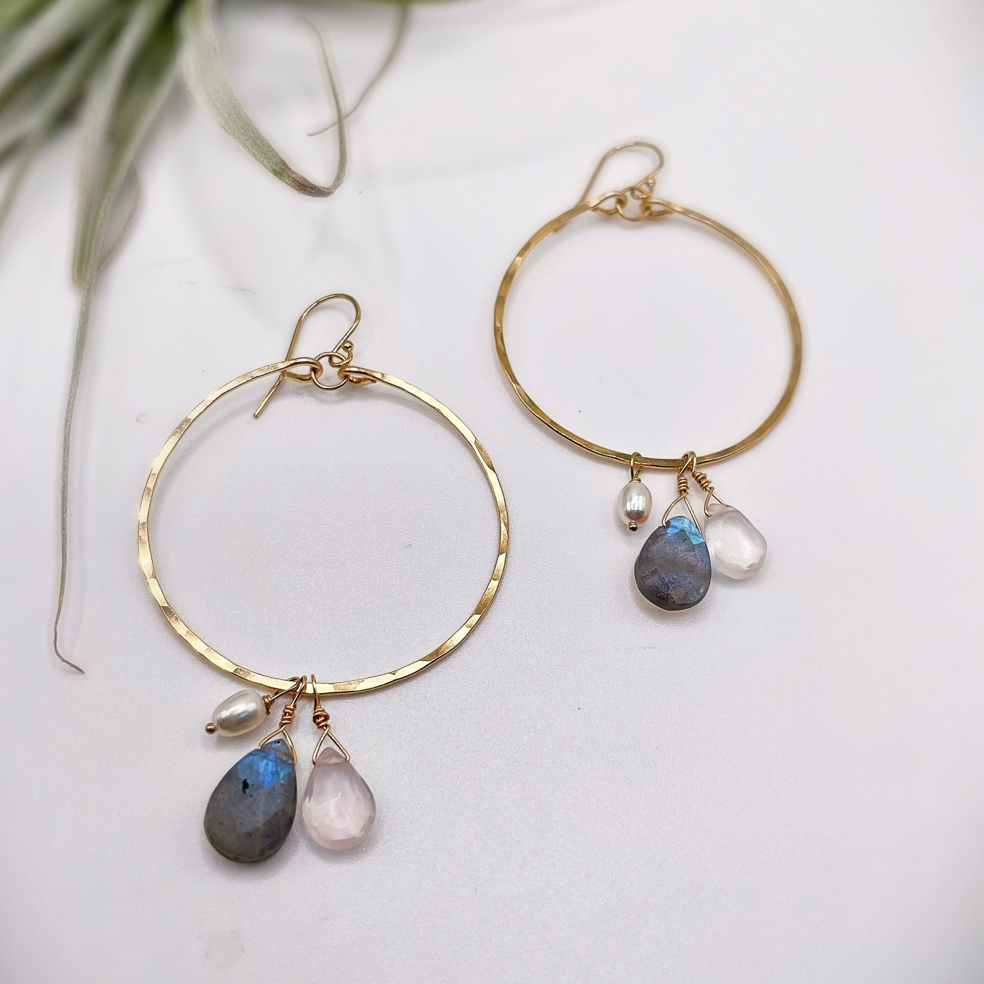 Labradorite Rose Quartz Hoops - Blue Sky Feathers