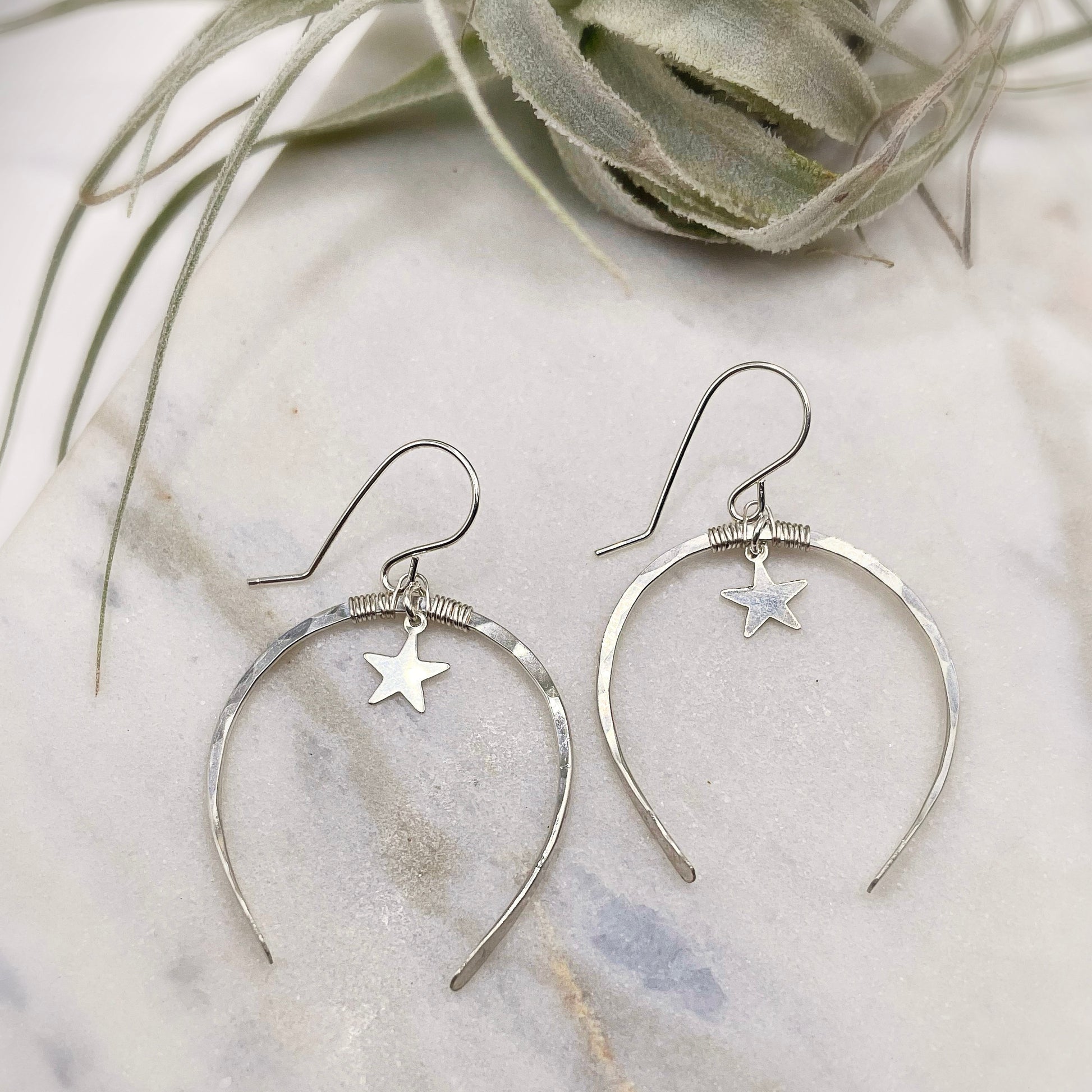 Starry Night Silver Luna Hoops - Blue Sky Feathers