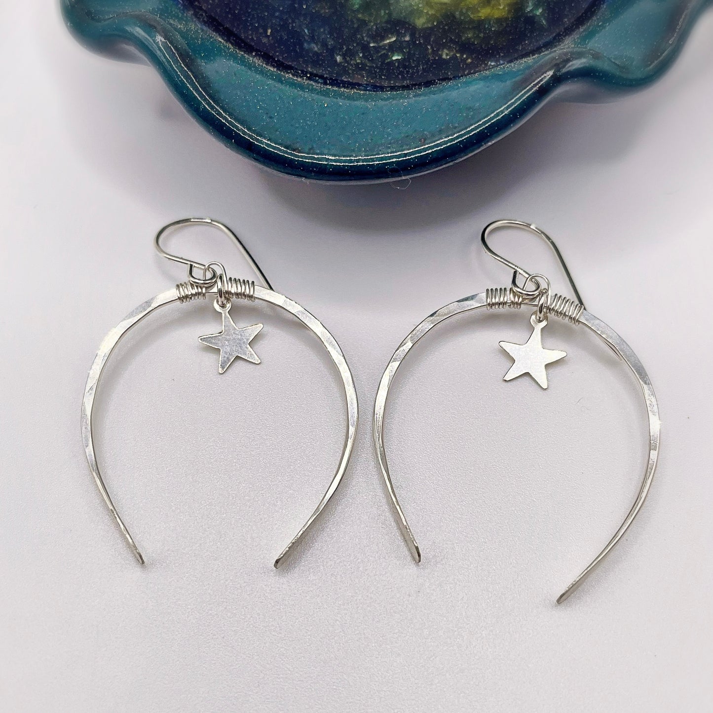 Starry Night Silver Luna Hoops - Blue Sky Feathers