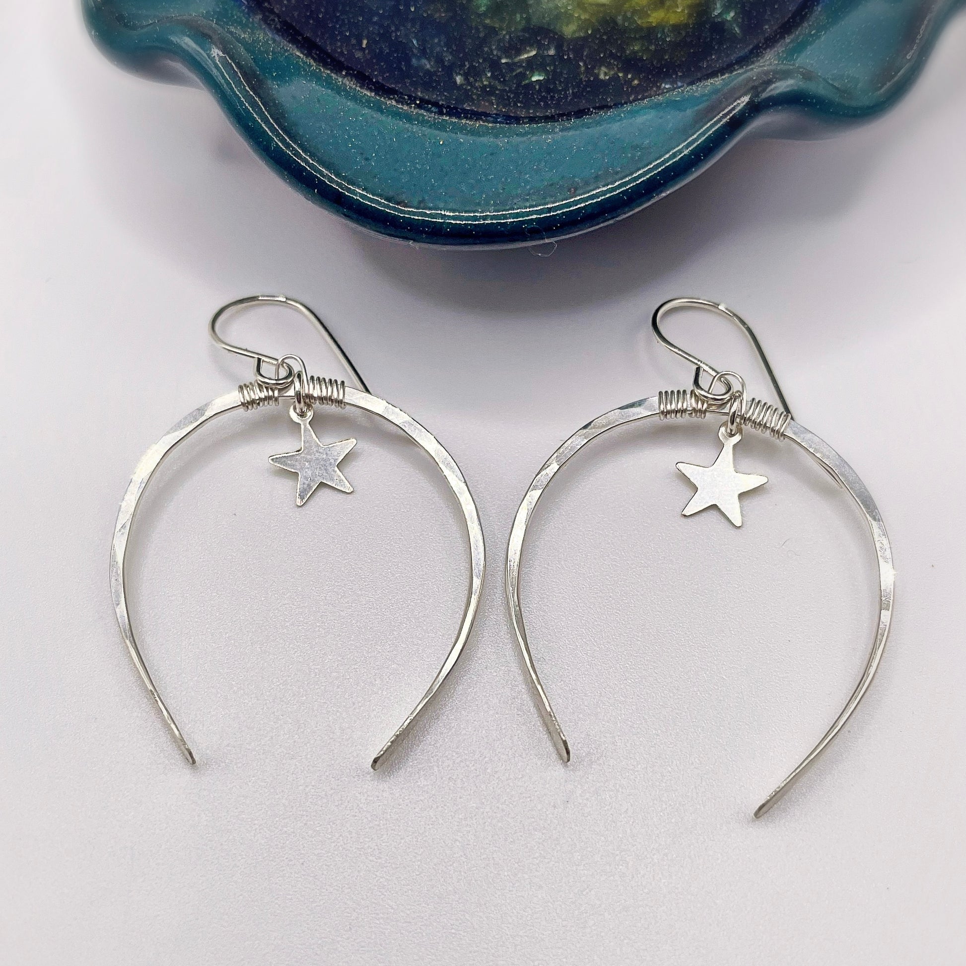 Starry Night Silver Luna Hoops - Blue Sky Feathers