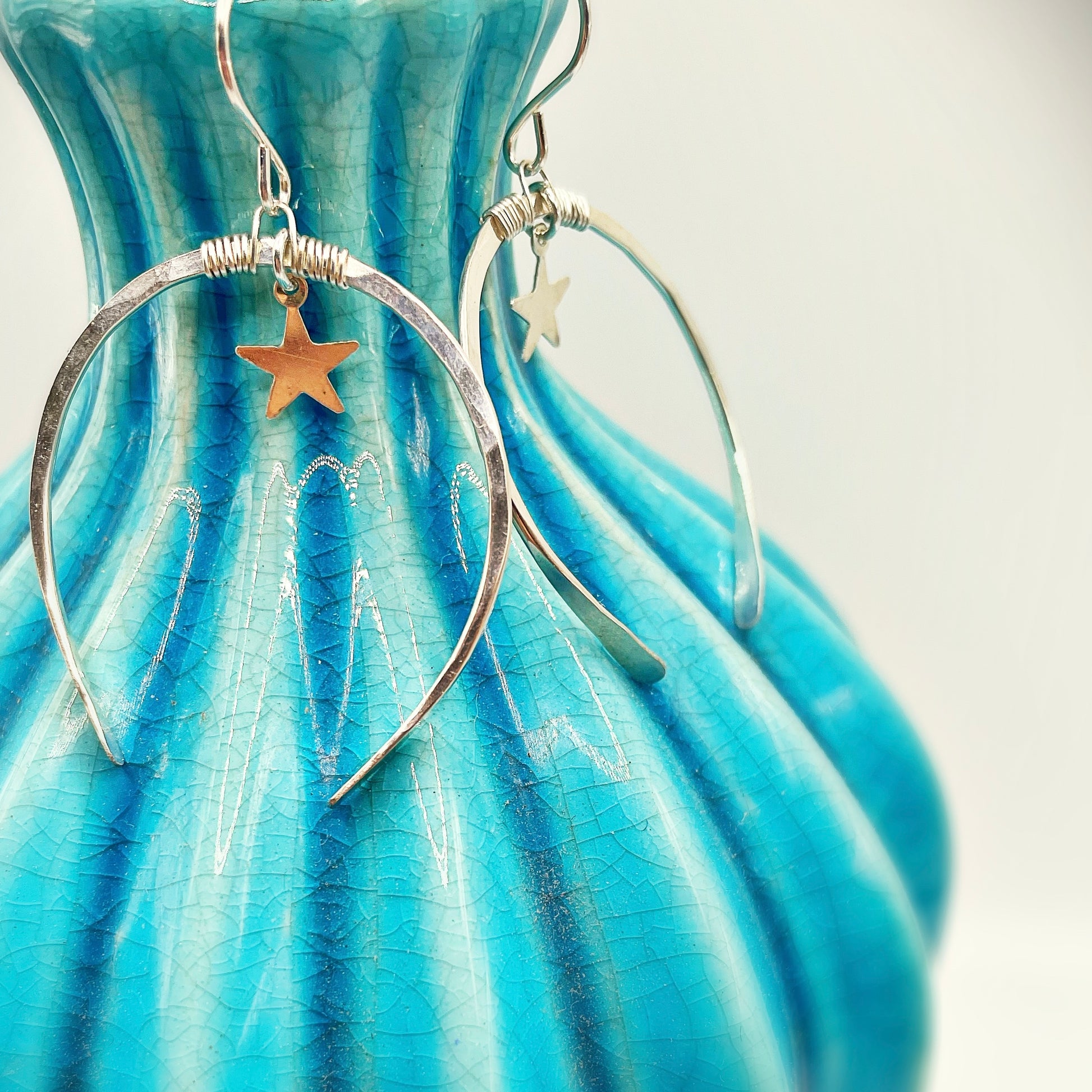 Starry Night Silver Luna Hoops - Blue Sky Feathers