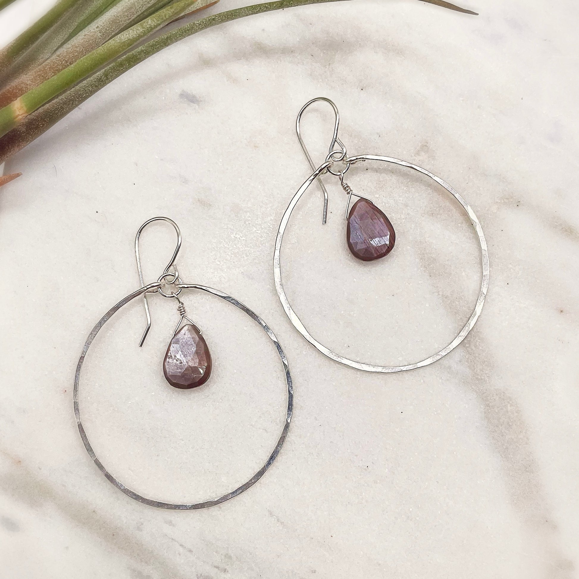 Chocolate Moonstone Hoops - Blue Sky Feathers