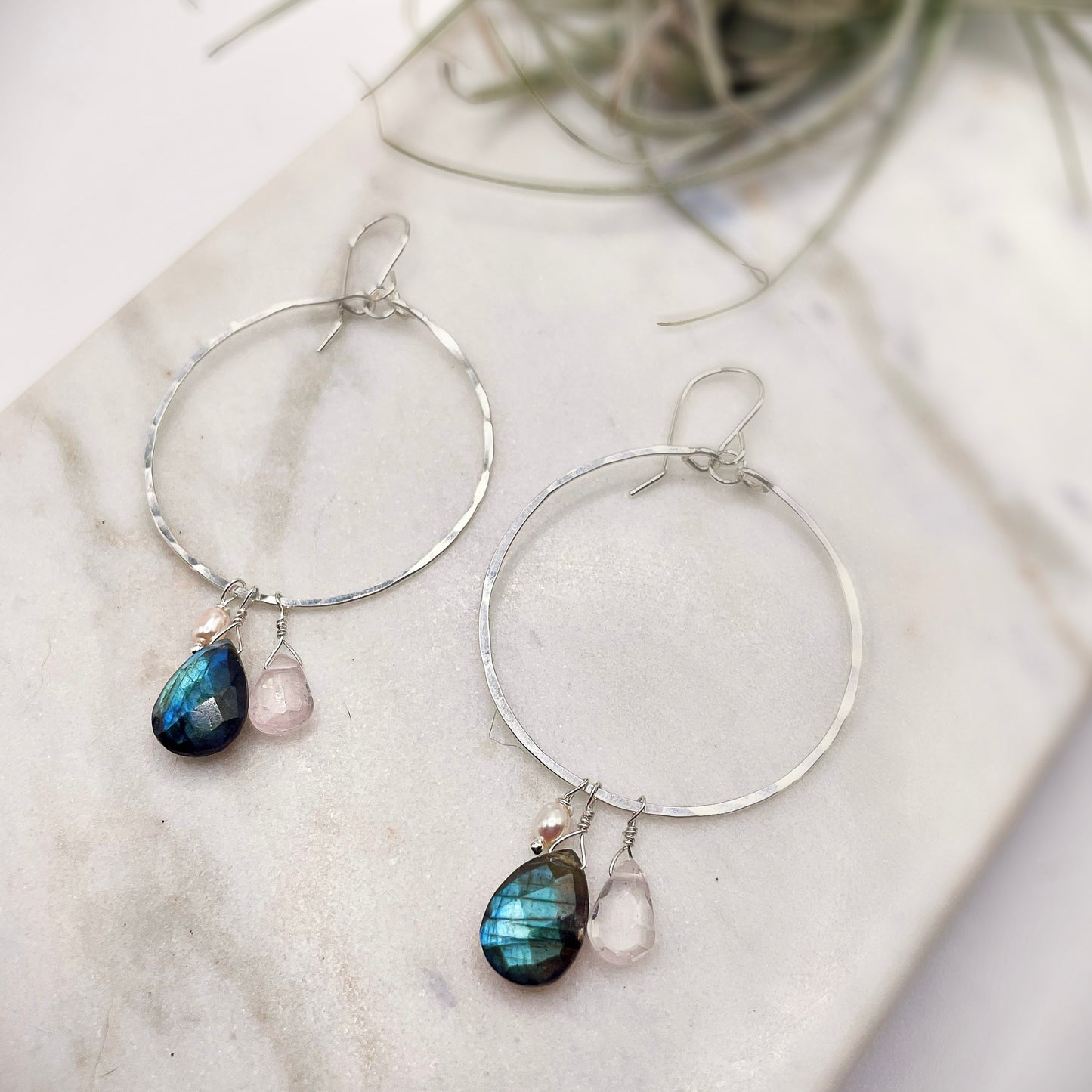 Labradorite Rose Quartz Hoops