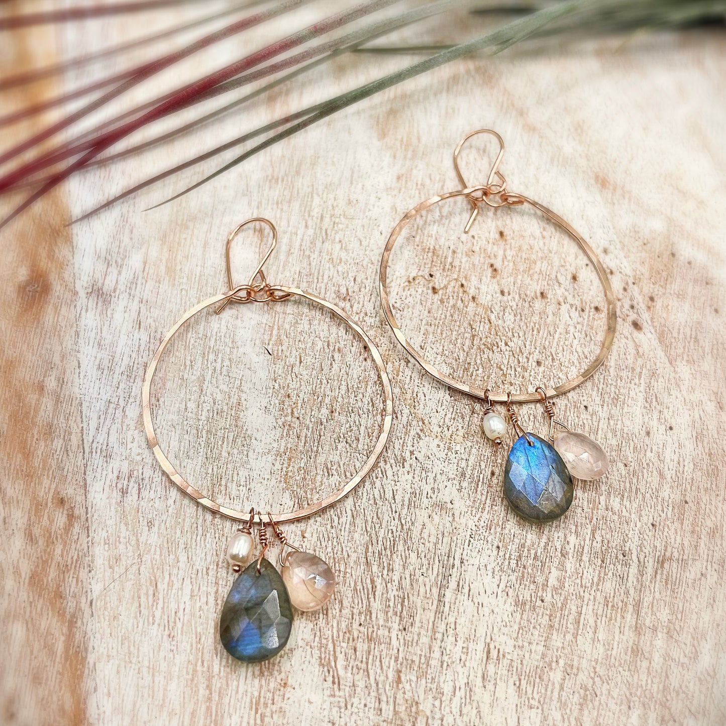 Labradorite Rose Quartz Hoops