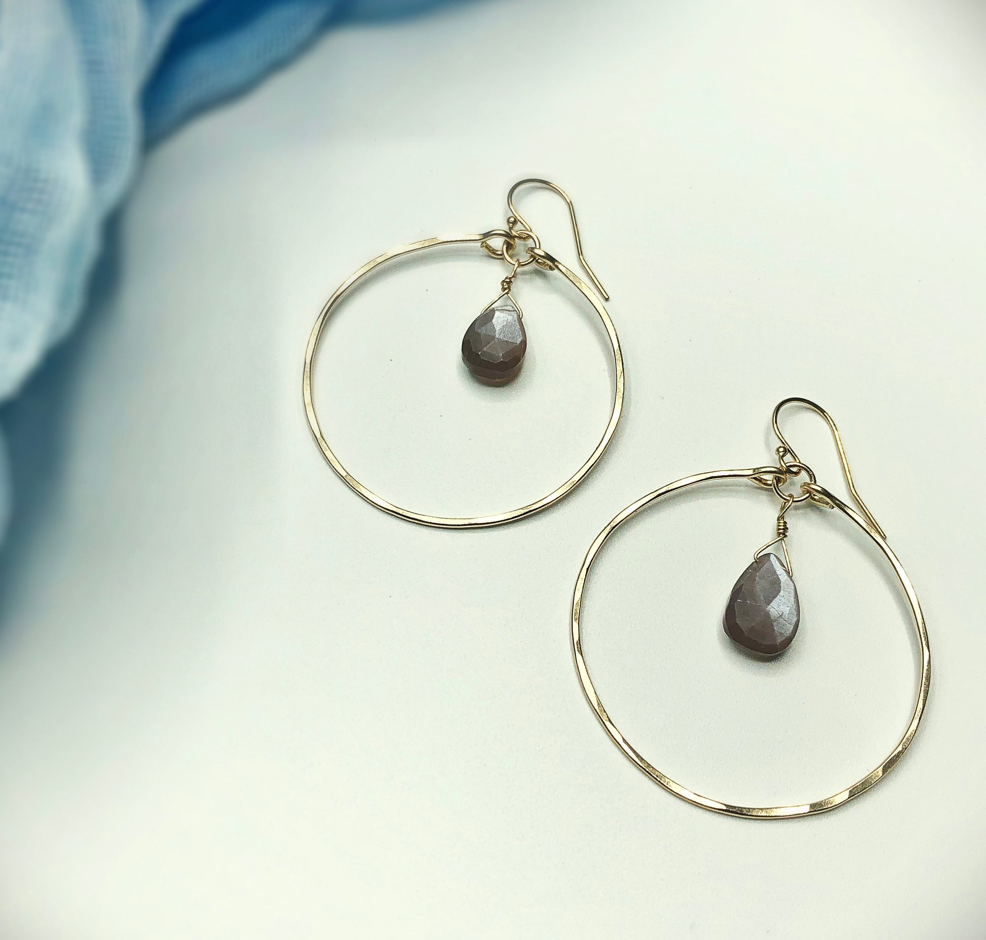 Chocolate Moonstone Hoops - Blue Sky Feathers