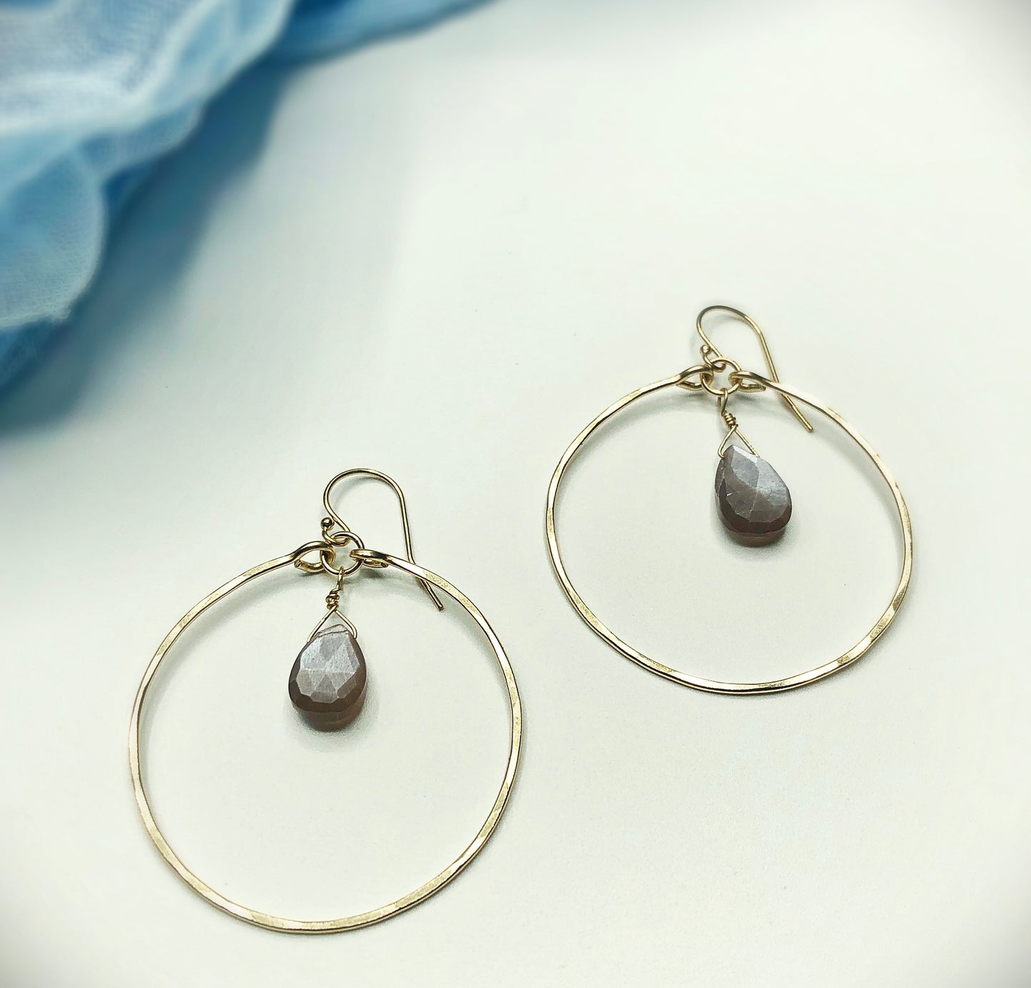 Chocolate Moonstone Hoops - Blue Sky Feathers