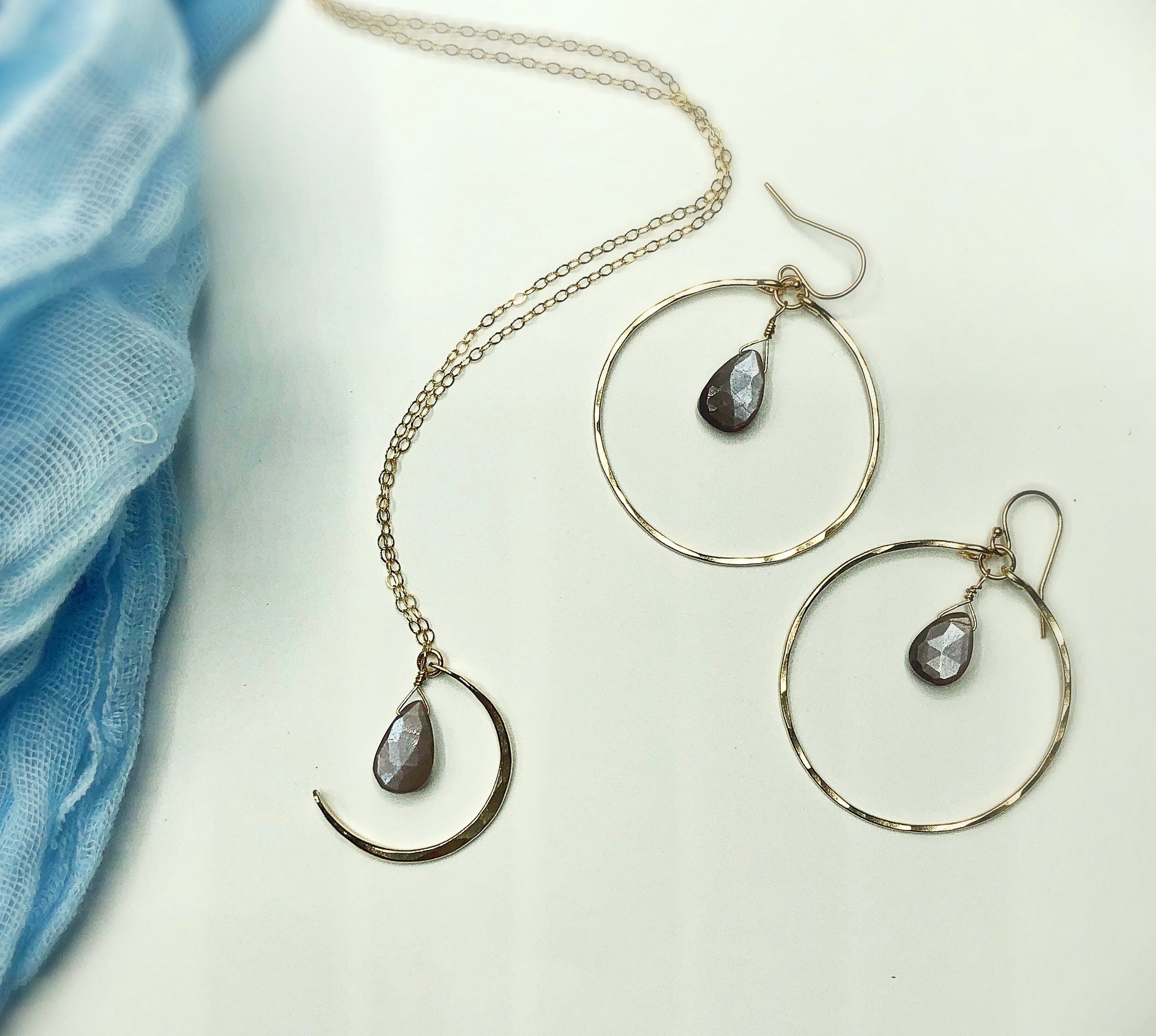 Chocolate Moonstone Hoops - Blue Sky Feathers