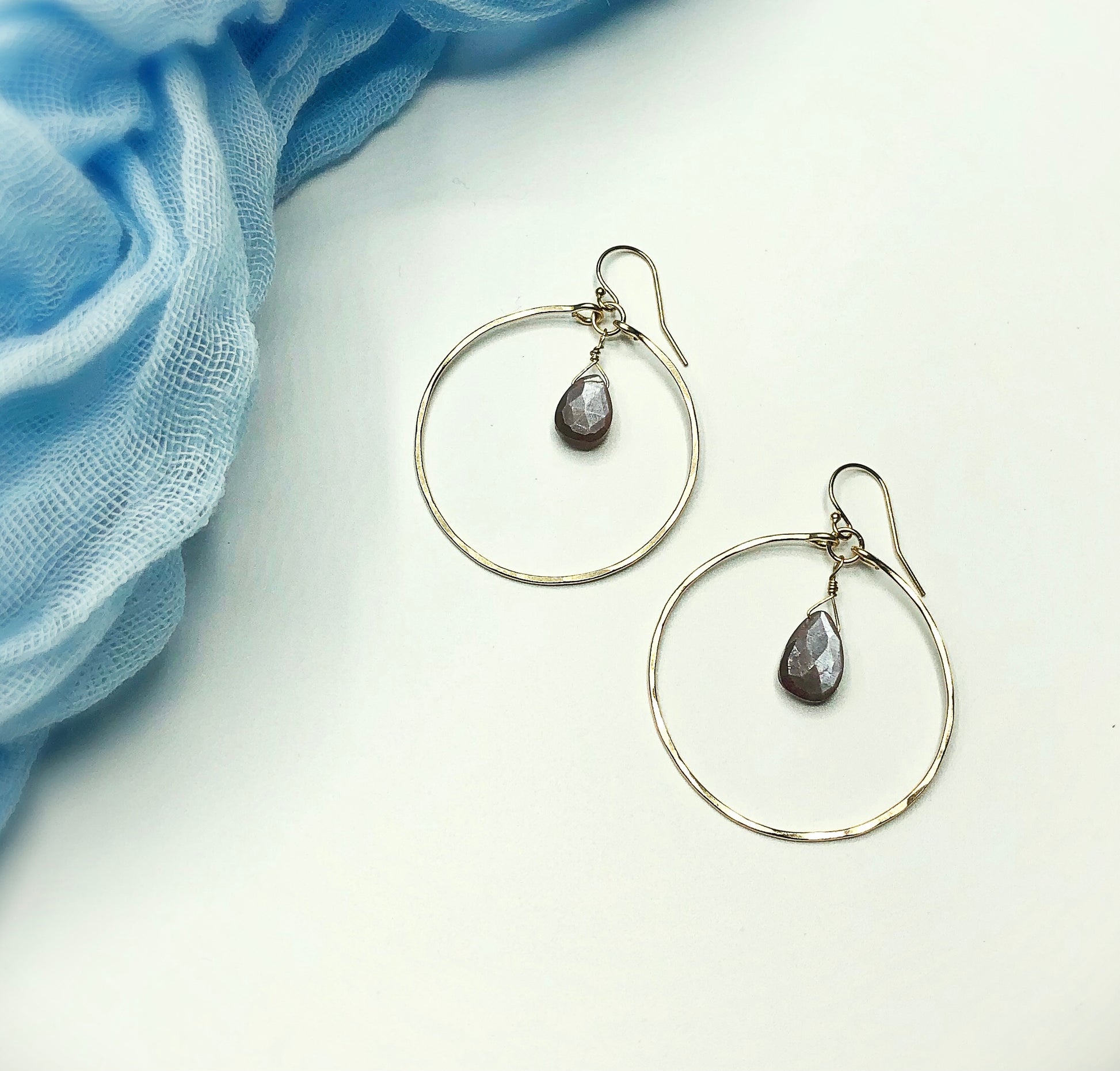 Chocolate Moonstone Hoops - Blue Sky Feathers